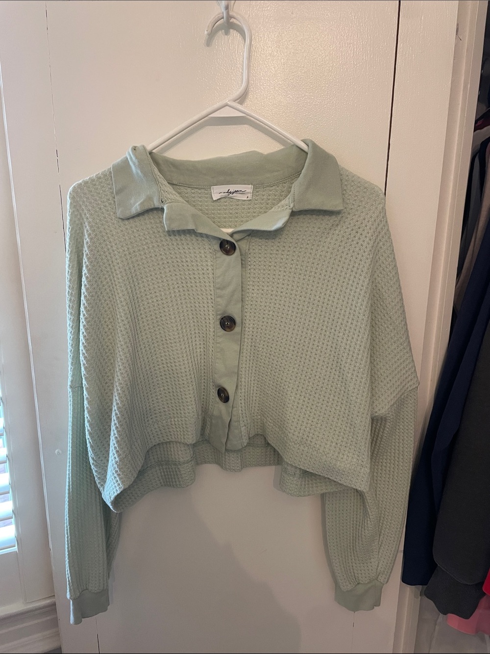 Carly Jean Los Angeles Cropped Waffle-Knit Button Front Top - Mint